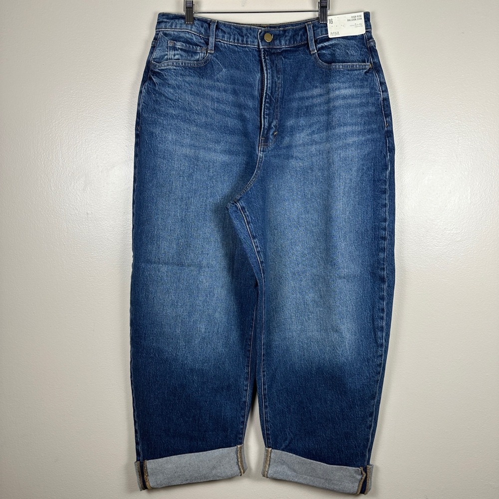 a.n.a Women's 16 Balloon Jean Dark Oasis Blue High Rise Tapered Denim NEW